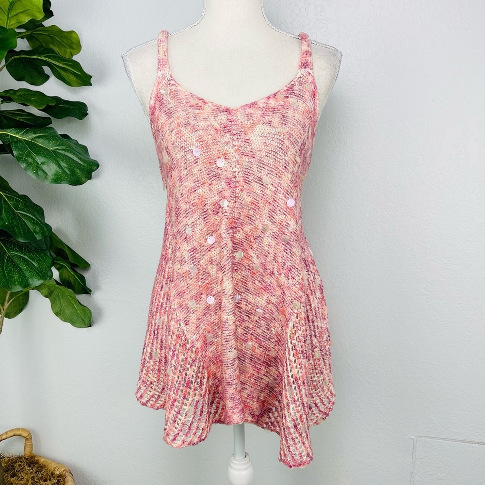 Free People Pink Sequin Embellished Chunky Knit Crochet Sweater Tank M